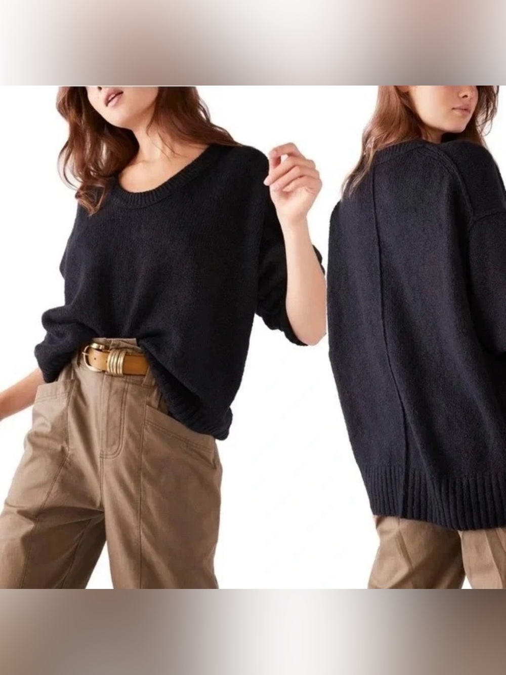 Free People Brookside Black Oversized Scoop Neck Tunic Sweater